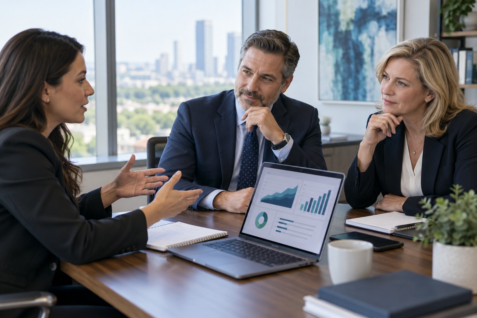 Law firm partners reviewing an inquiry and channel measurement plan with a marketing strategist