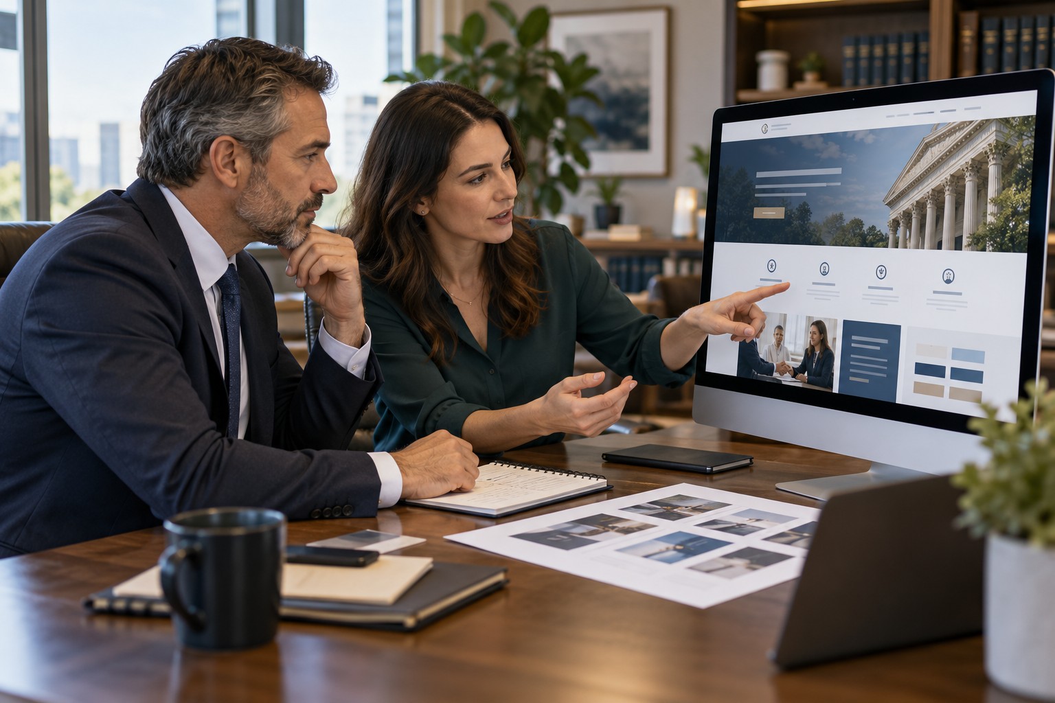 Attorney and web designer reviewing a law firm website plan
