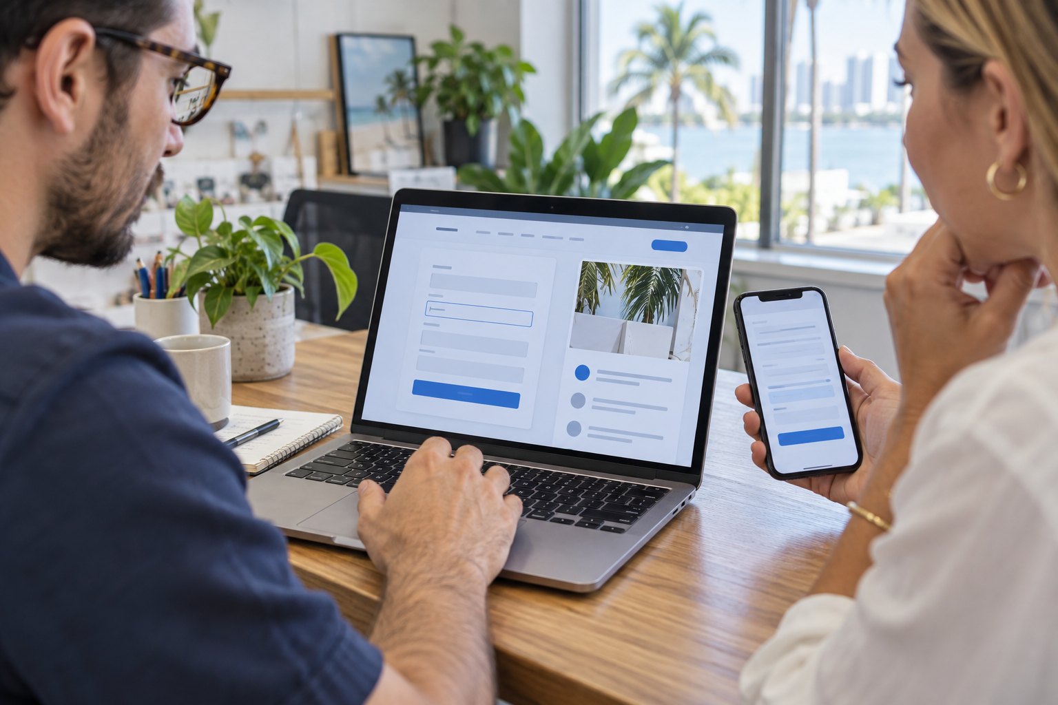 Web professional testing a website form with a small-business owner