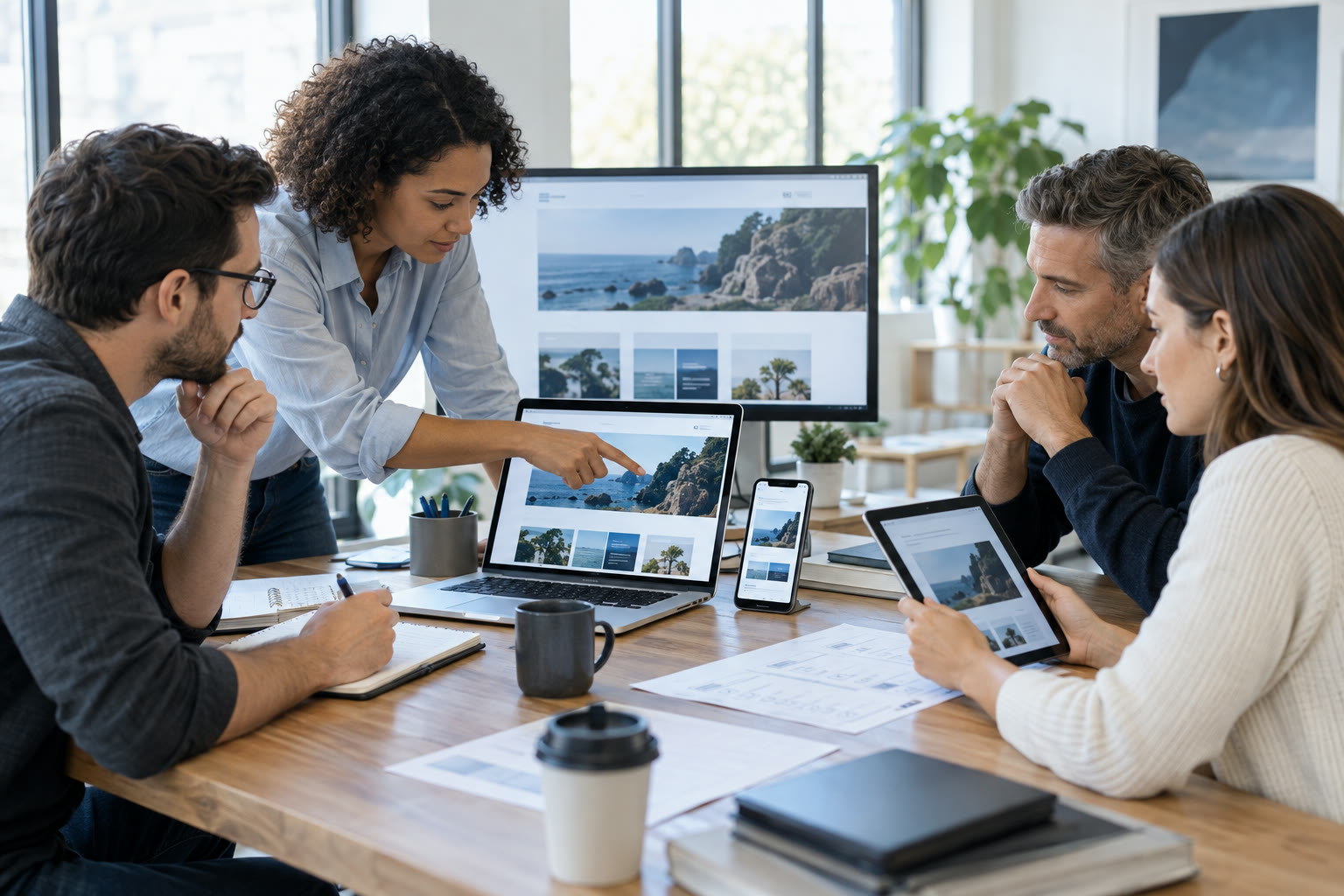 Web development team conducting a launch quality review with a business owner
