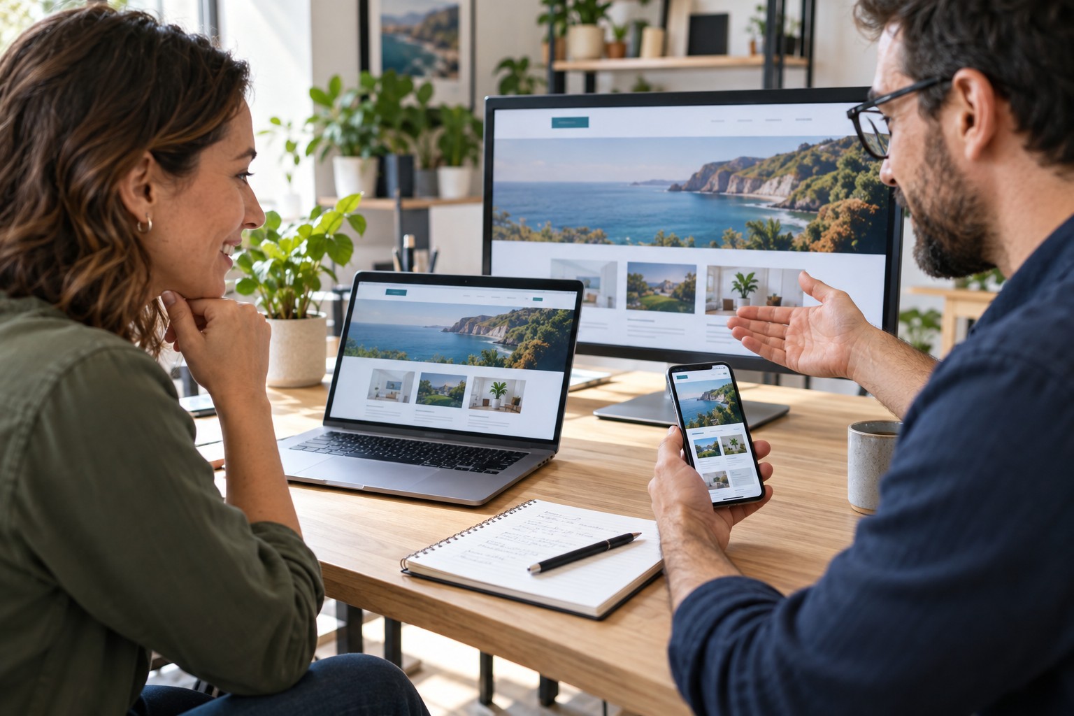 Small business owner and web professional testing a WordPress website across devices